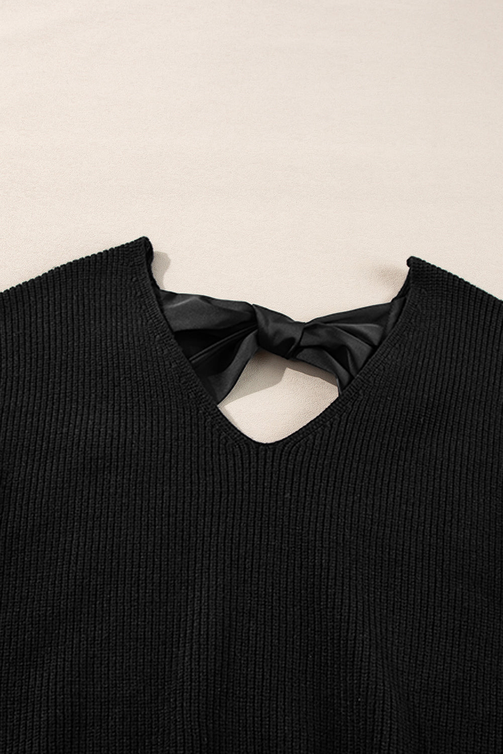 Black Lantern Sleeve V Neck Knot Back Sweater - Sweaters & Cardigans/Sweaters