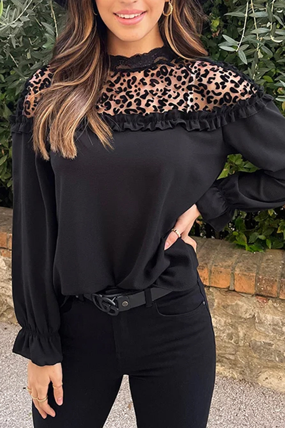 Black Leopard Mesh Splicing Ruffle Long Sleeve Blouse - eAura