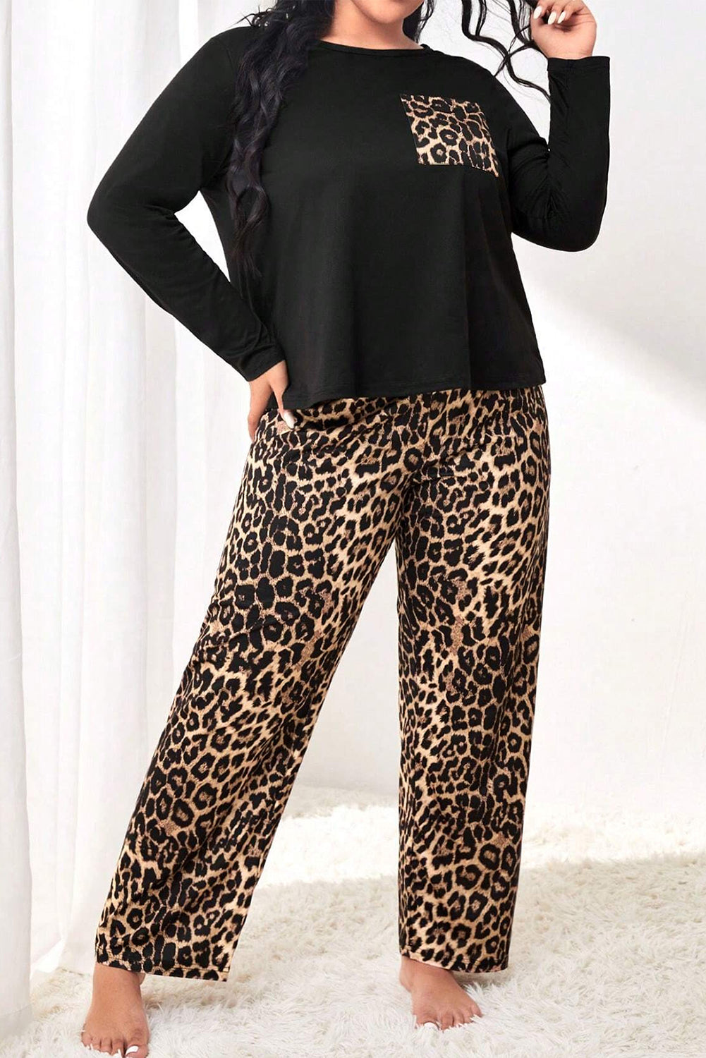 Black Leopard Patched Pocket Long Sleeve Top Plus Size Trousers Set - eAura