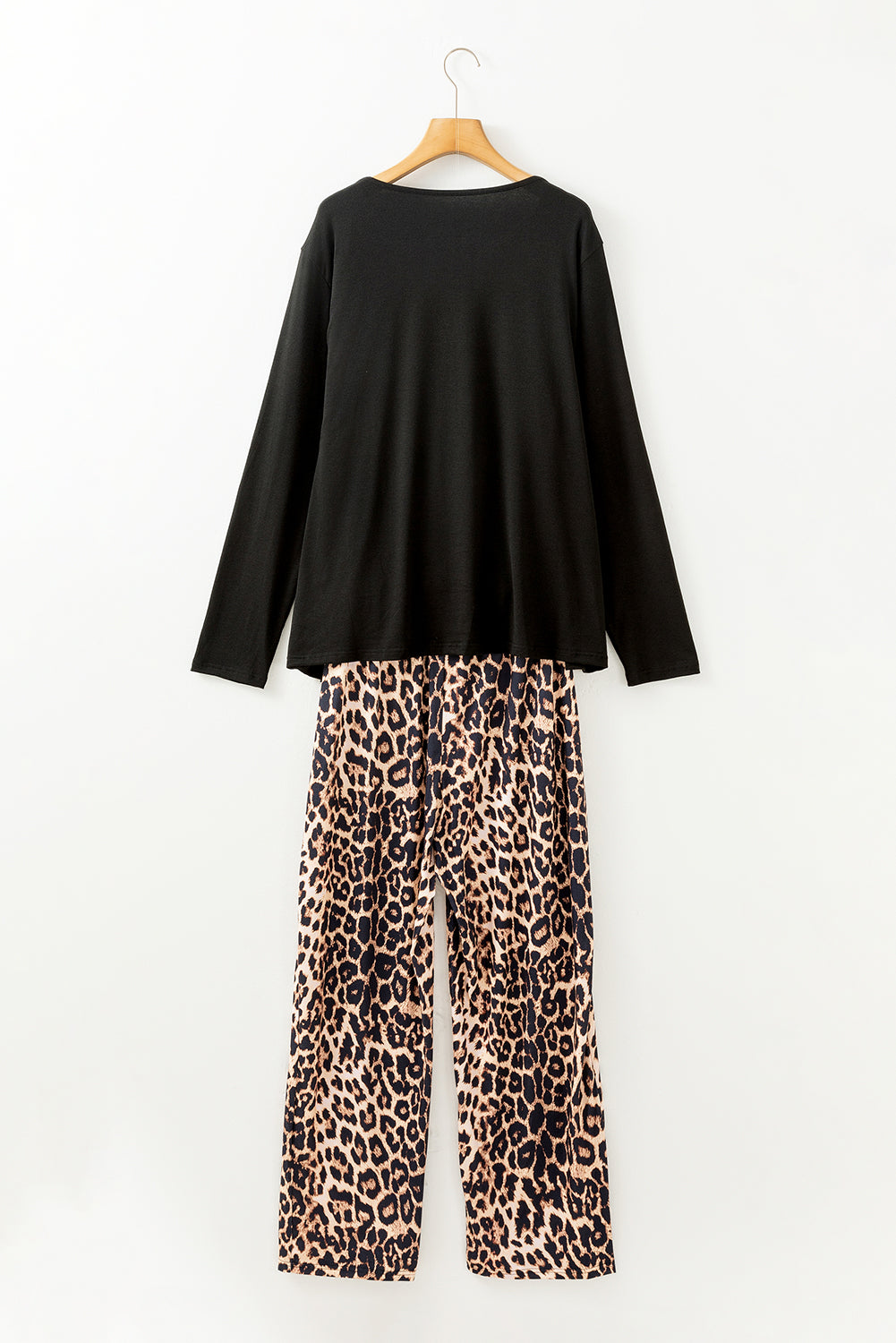 Black Leopard Patched Pocket Long Sleeve Top Plus Size Trousers Set - eAura