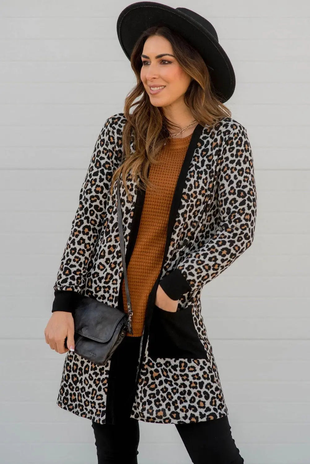 Black Leopard Patched Pocket Open Front Cardigan Beagle Boutique Fashion Outlet