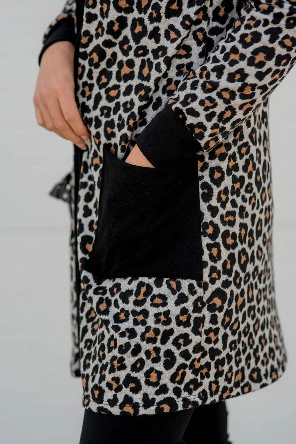 Black Leopard Patched Pocket Open Front Cardigan Beagle Boutique Fashion Outlet