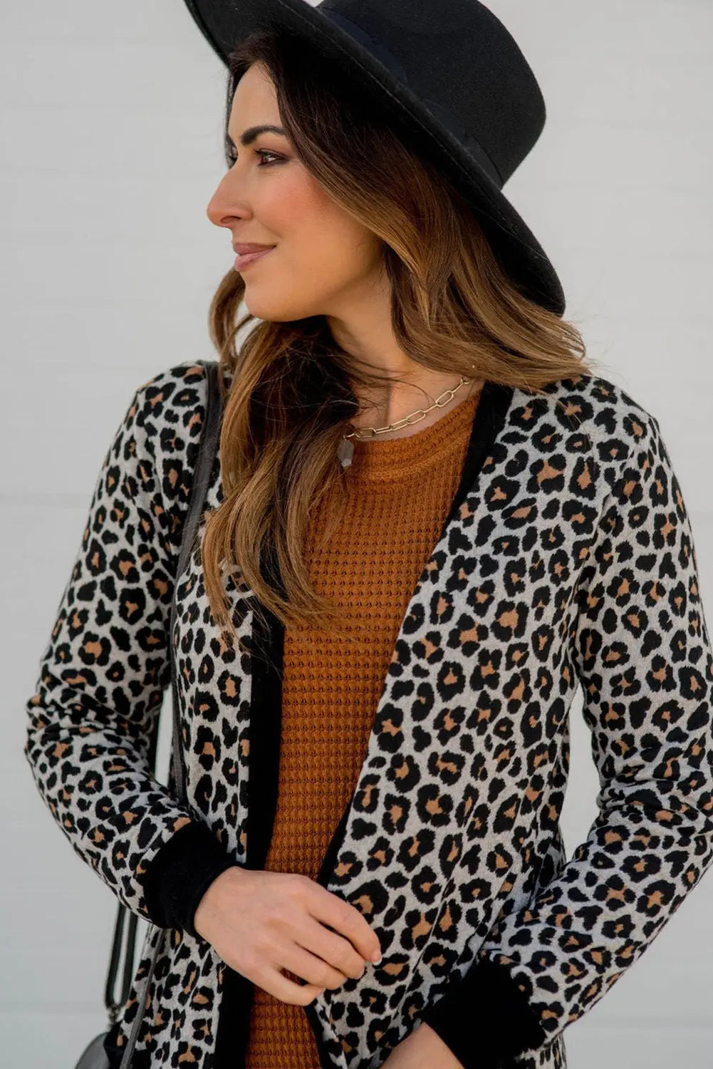 Black Leopard Patched Pocket Open Front Cardigan Beagle Boutique Fashion Outlet