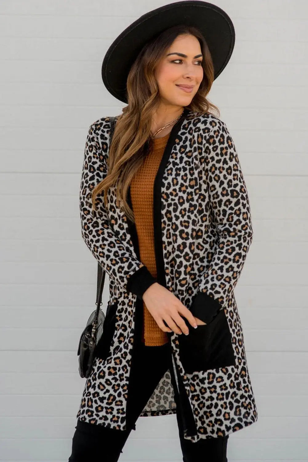 Black Leopard Patched Pocket Open Front Cardigan Beagle Boutique Fashion Outlet