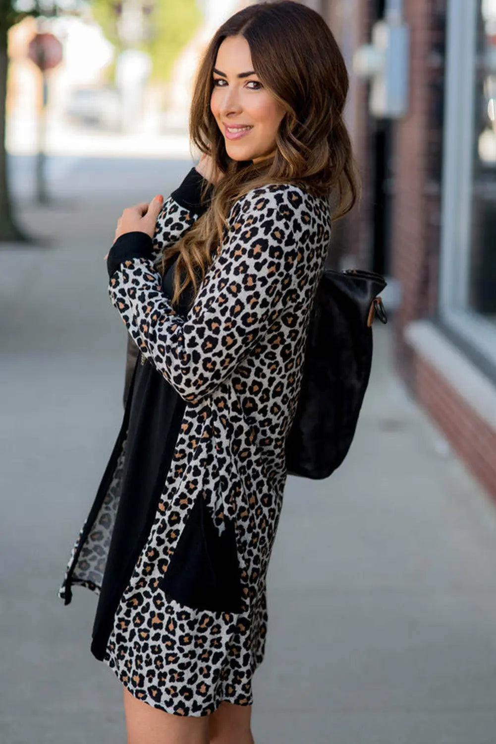 Black Leopard Patched Pocket Open Front Cardigan Beagle Boutique Fashion Outlet