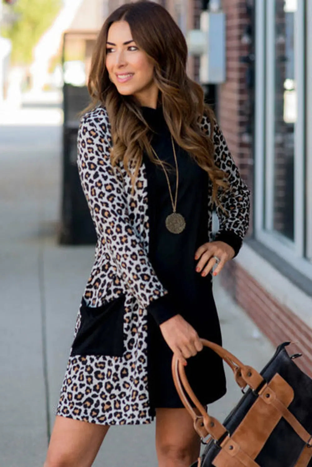 Black Leopard Patched Pocket Open Front Cardigan Beagle Boutique Fashion Outlet