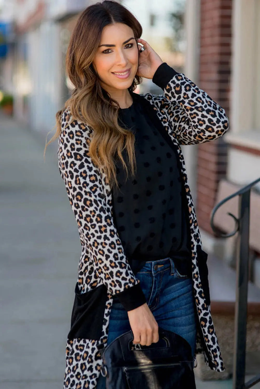 Black Leopard Patched Pocket Open Front Cardigan Beagle Boutique Fashion Outlet