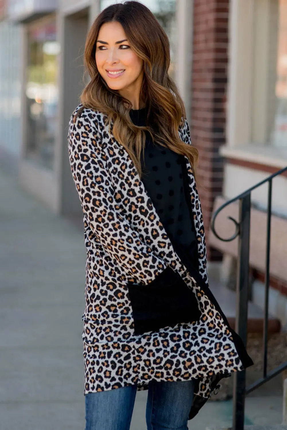 Black Leopard Patched Pocket Open Front Cardigan Beagle Boutique Fashion Outlet