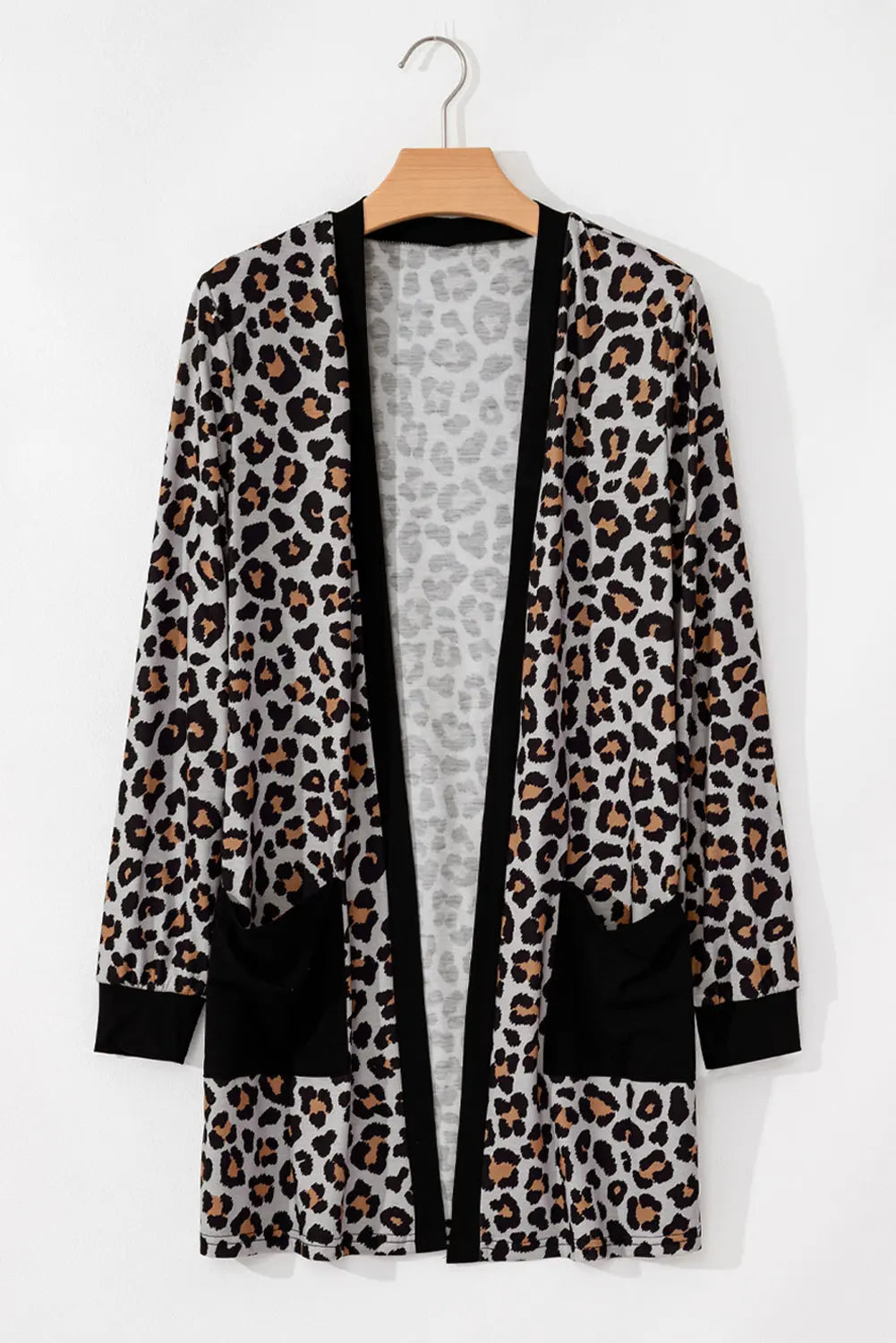 Black Leopard Patched Pocket Open Front Cardigan Beagle Boutique Fashion Outlet