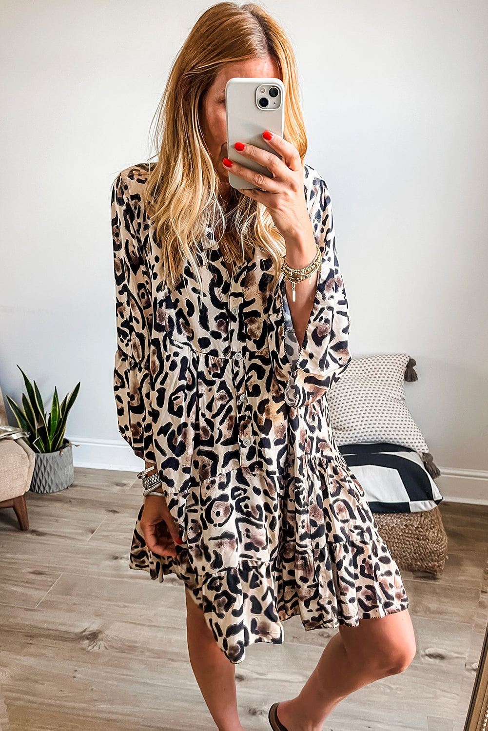 Black Leopard Print Buttoned Front 3/4 Sleeve Tiered Ruffled Hem Dress - Dresses/Mini Dresses