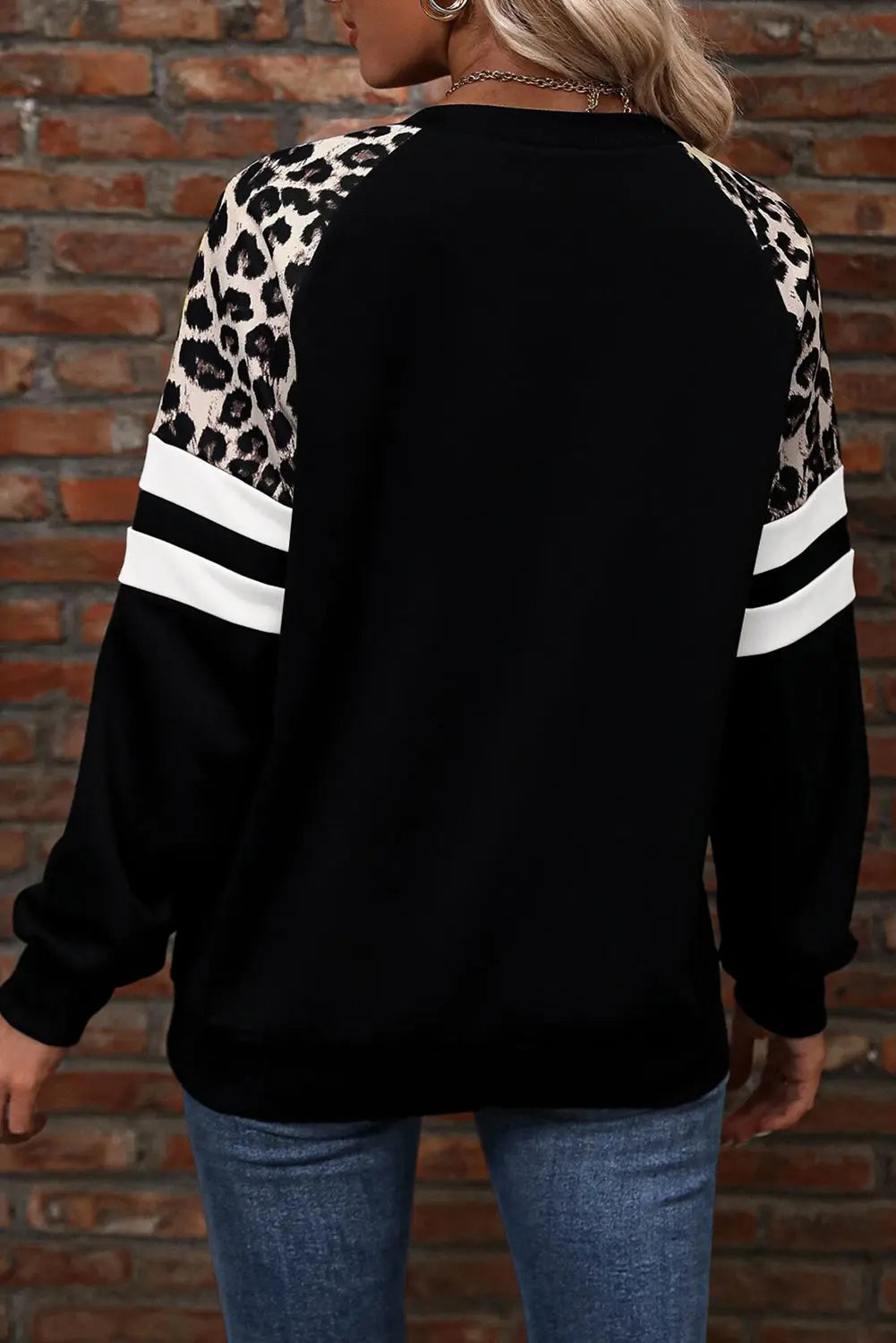 Black Leopard Print Colorblock Raglan Sleeve Sweatshirt - eAura