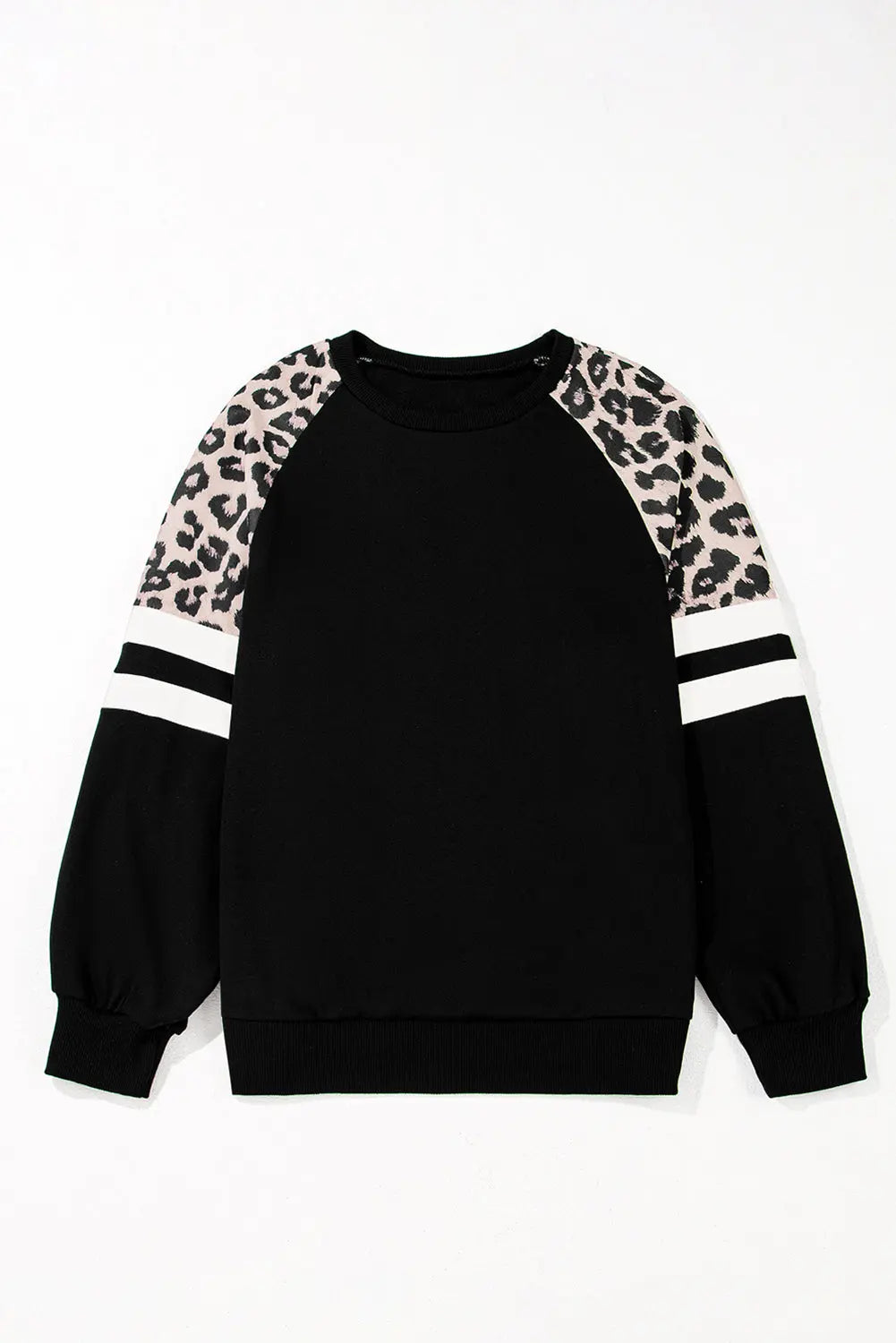 Black Leopard Print Colorblock Raglan Sleeve Sweatshirt - eAura