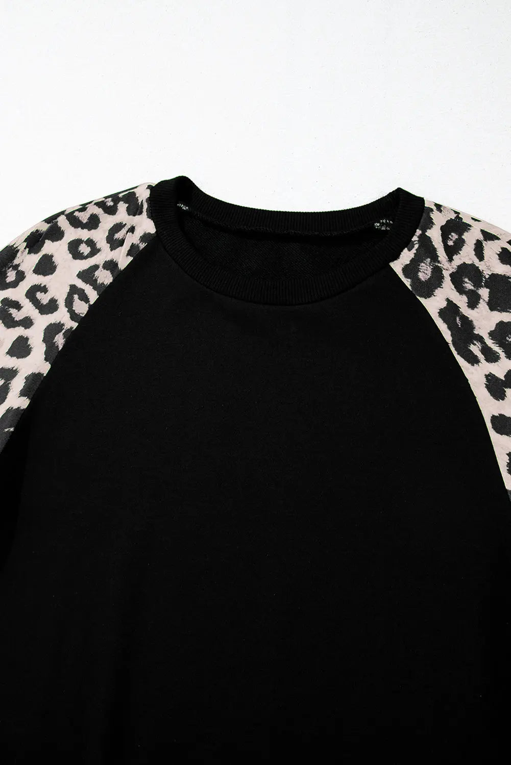 Black Leopard Print Colorblock Raglan Sleeve Sweatshirt - eAura