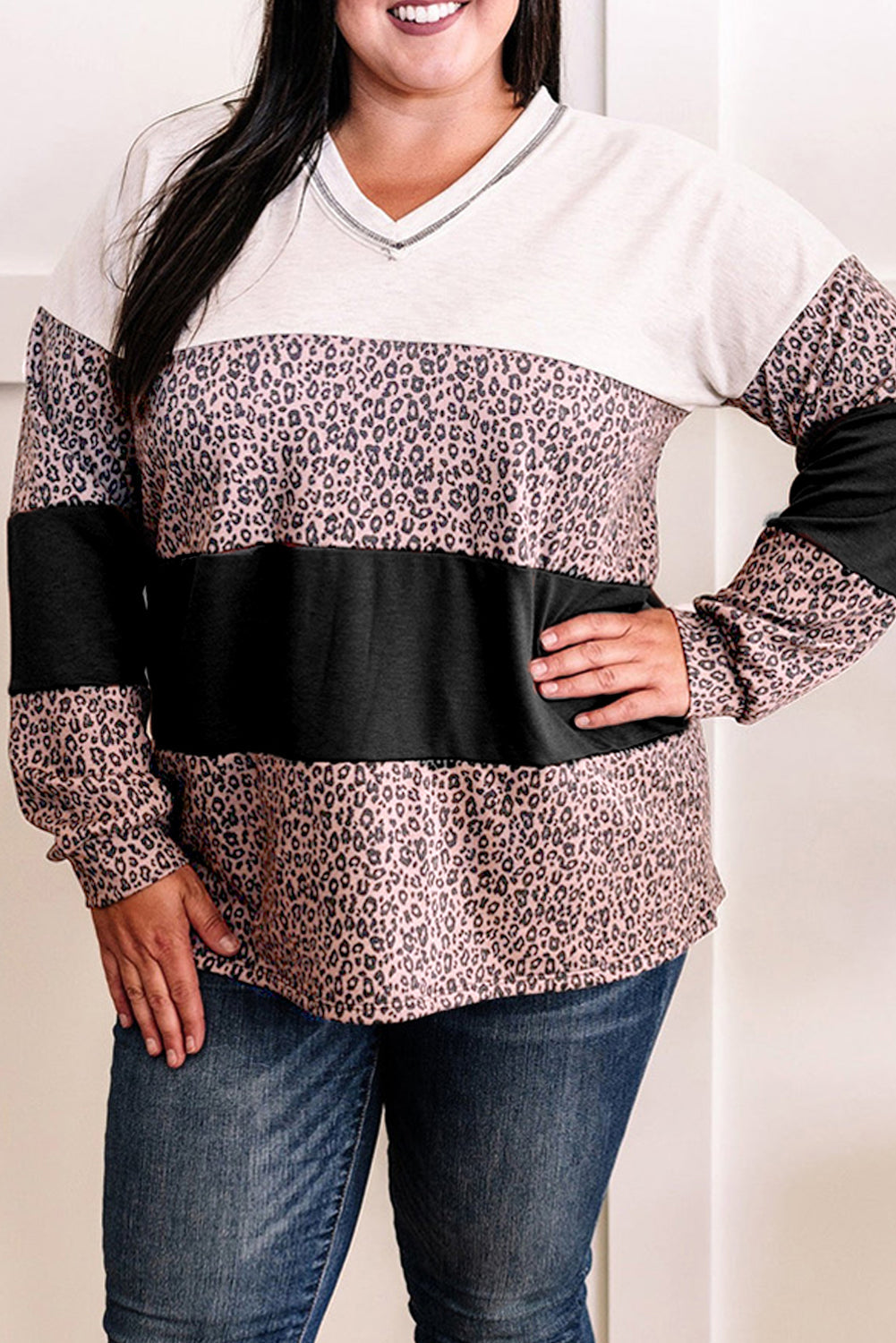 Black Leopard Print Colourblock V Neck Long Sleeve Plus Size Top - eAura
