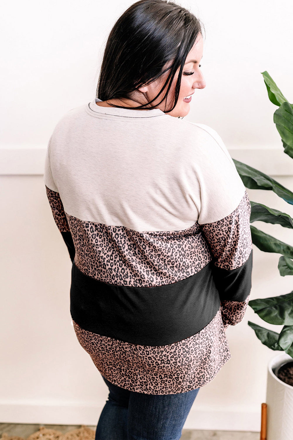 Black Leopard Print Colourblock V Neck Long Sleeve Plus Size Top - eAura