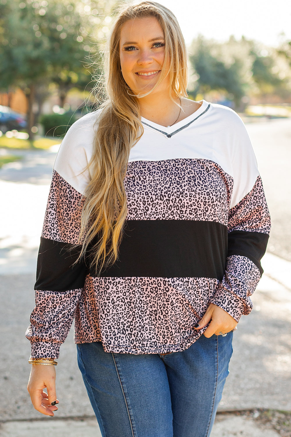 Black Leopard Print Colourblock V Neck Long Sleeve Plus Size Top - eAura