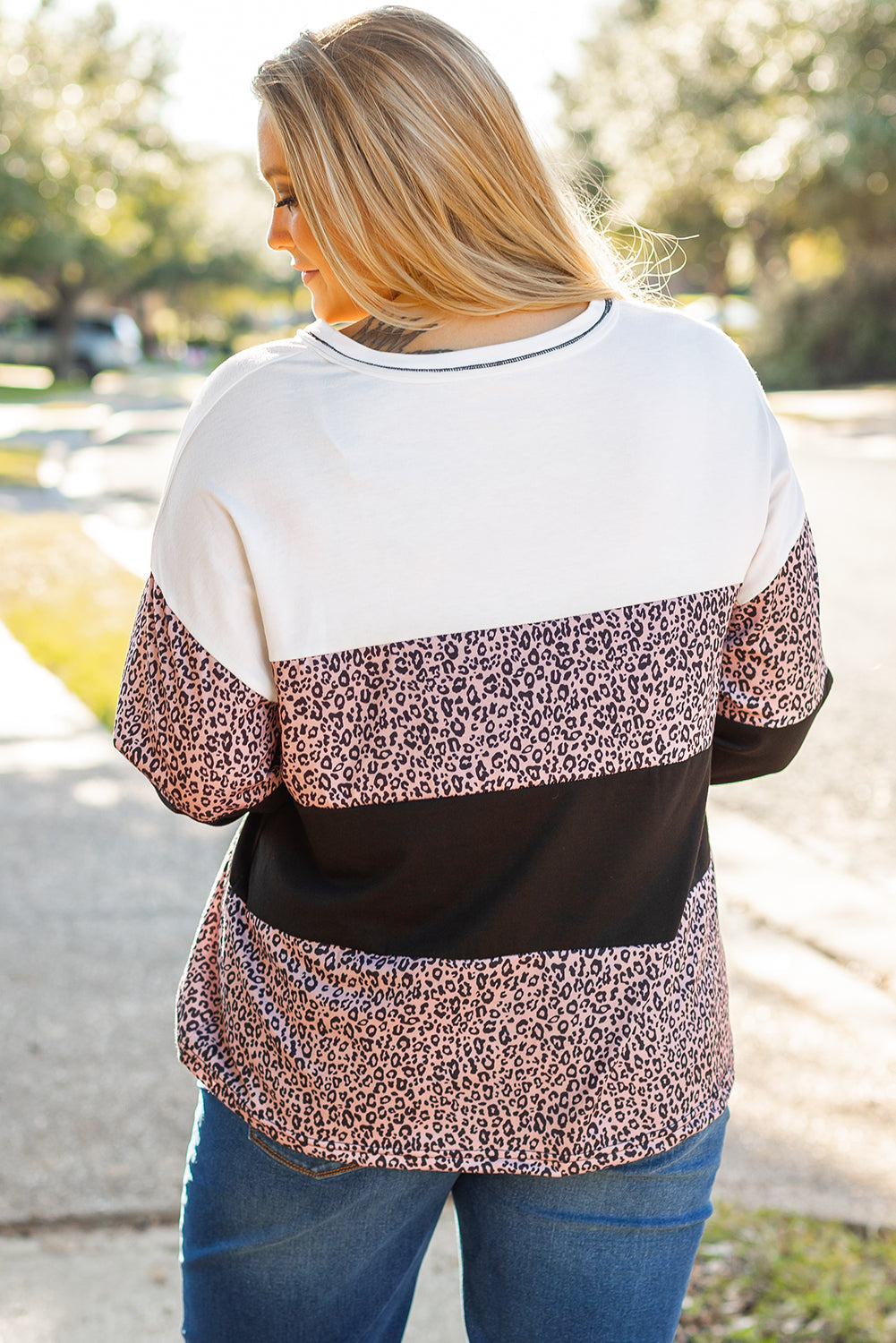 Black Leopard Print Colourblock V Neck Long Sleeve Plus Size Top - eAura