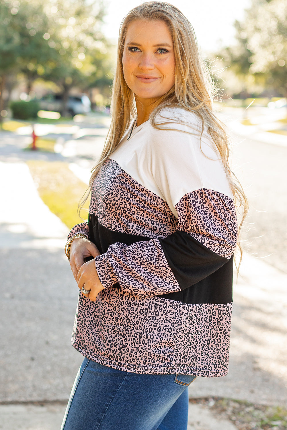 Black Leopard Print Colourblock V Neck Long Sleeve Plus Size Top - eAura
