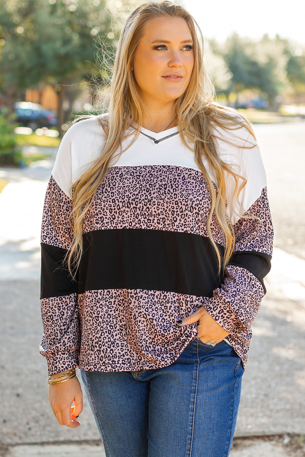 Black Leopard Print Colourblock V Neck Long Sleeve Plus Size Top - eAura