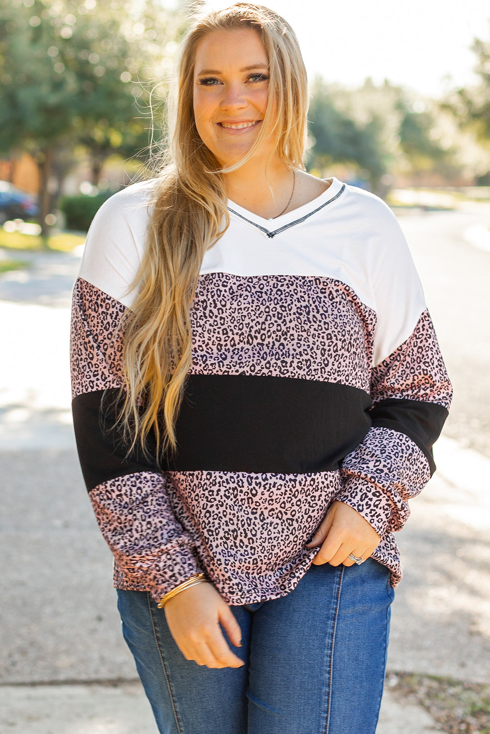 Black Leopard Print Colourblock V Neck Long Sleeve Plus Size Top - eAura