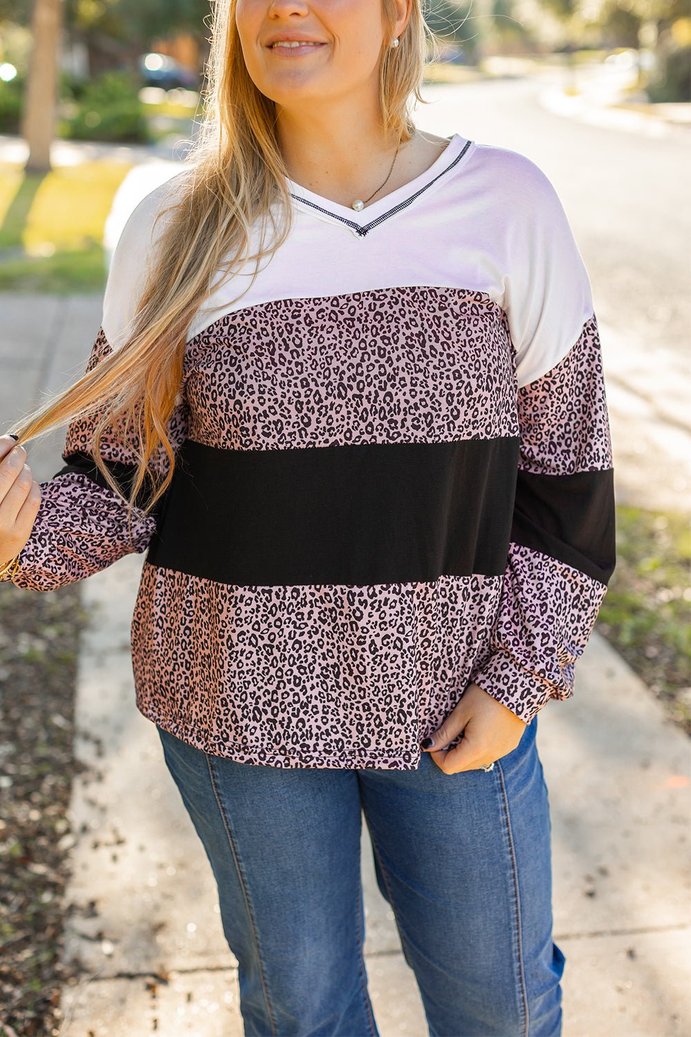 Black Leopard Print Colourblock V Neck Long Sleeve Plus Size Top - eAura
