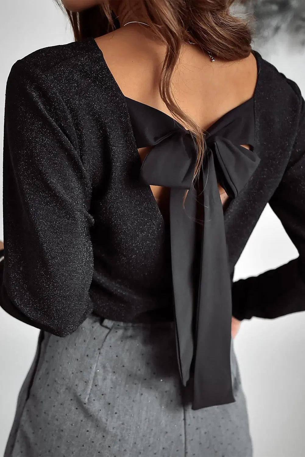 Black Metallic Bowknot Open Back V Neck Top Beagle Boutique Fashion Outlet