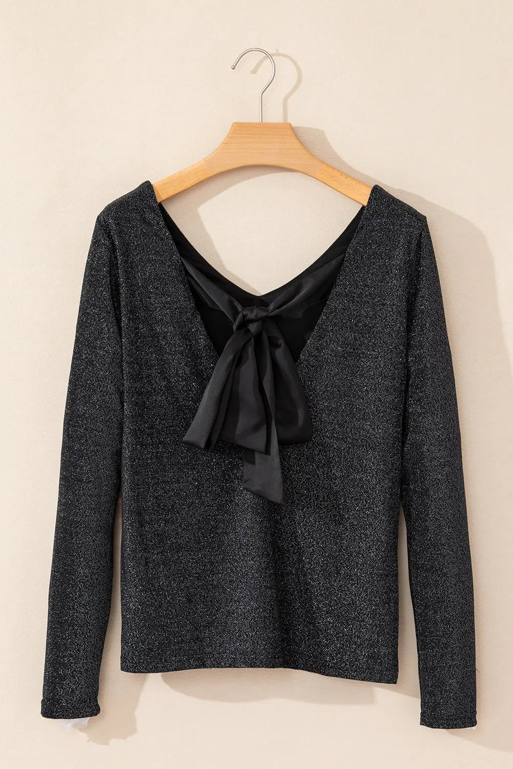 Black Metallic Bowknot Open Back V Neck Top Beagle Boutique Fashion Outlet
