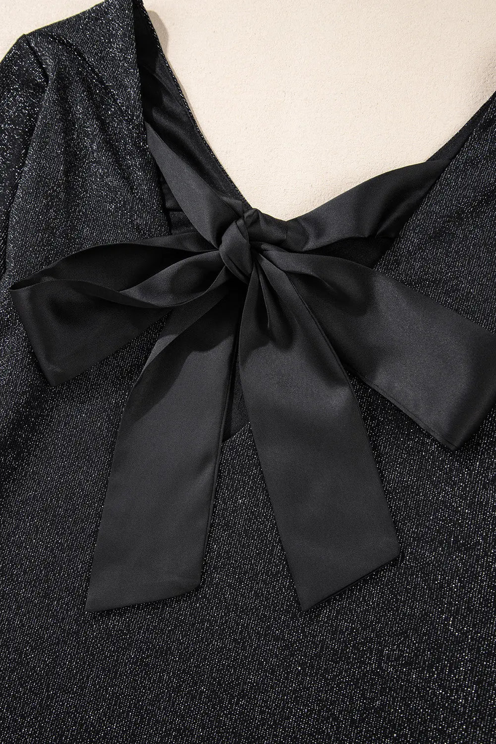 Black Metallic Bowknot Open Back V Neck Top Beagle Boutique Fashion Outlet