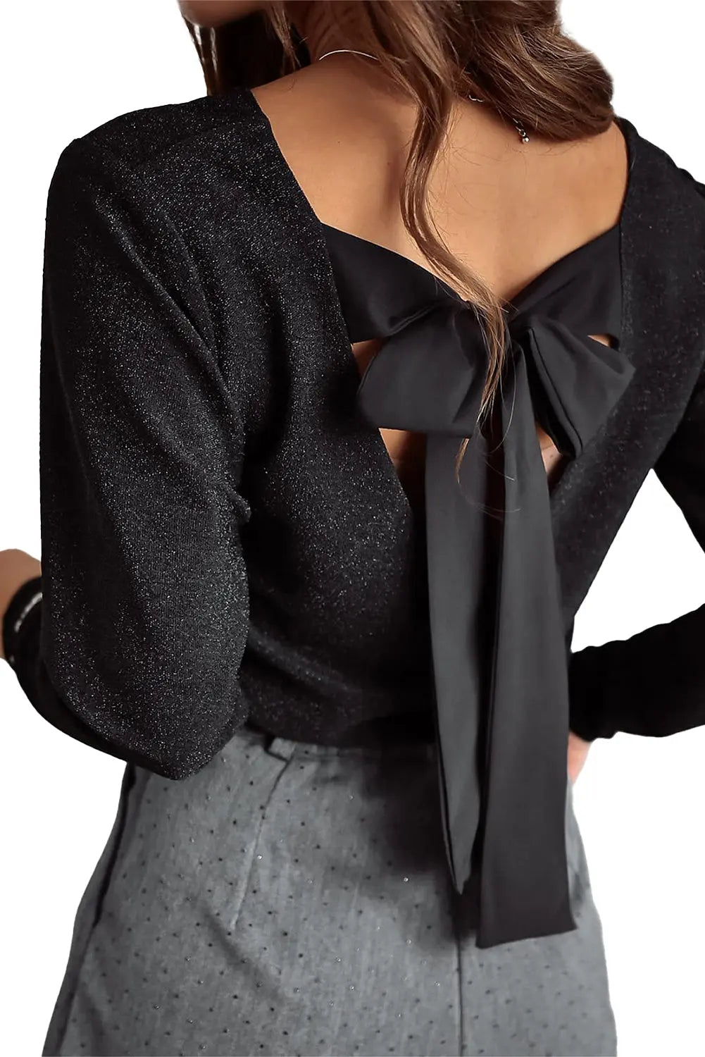 Black Metallic Bowknot Open Back V Neck Top Beagle Boutique Fashion Outlet