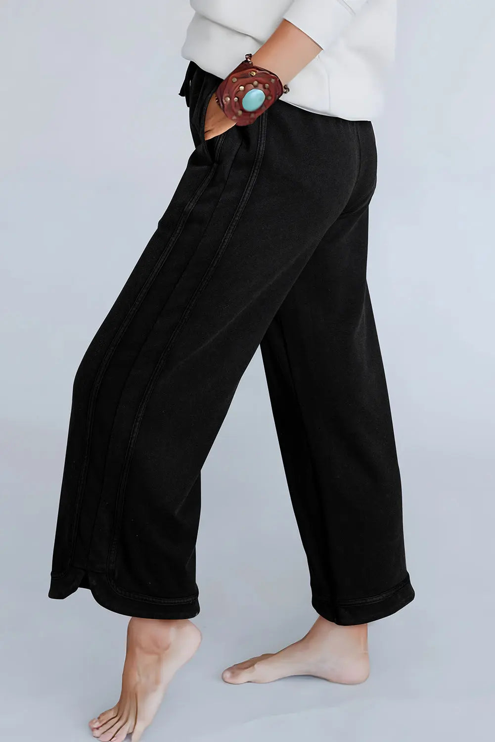 Black Mineral Wash Exposed Seam Wide Leg Pants - eAura