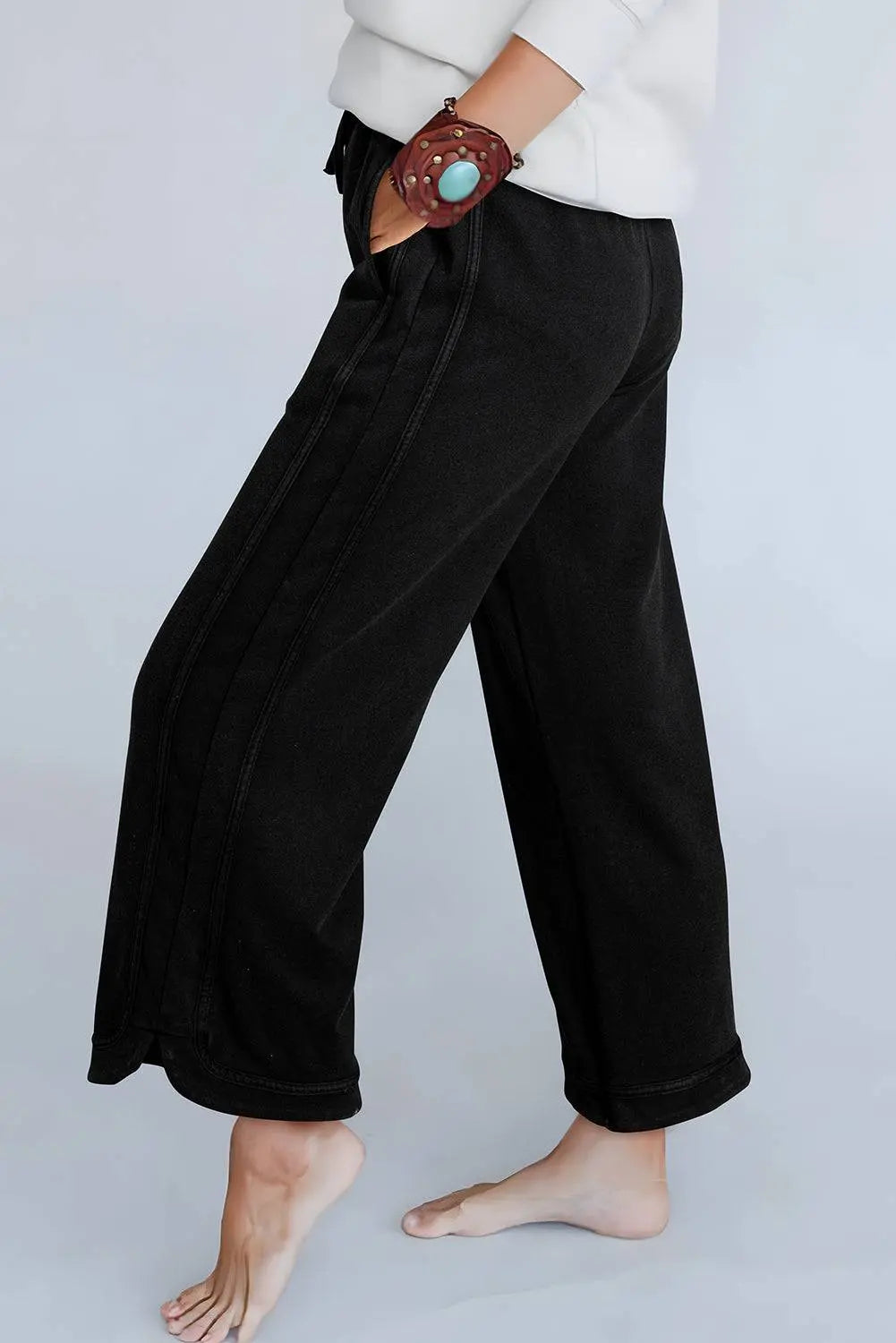 Black Mineral Wash Exposed Seam Wide Leg Trousers - BB Fashion Outlet