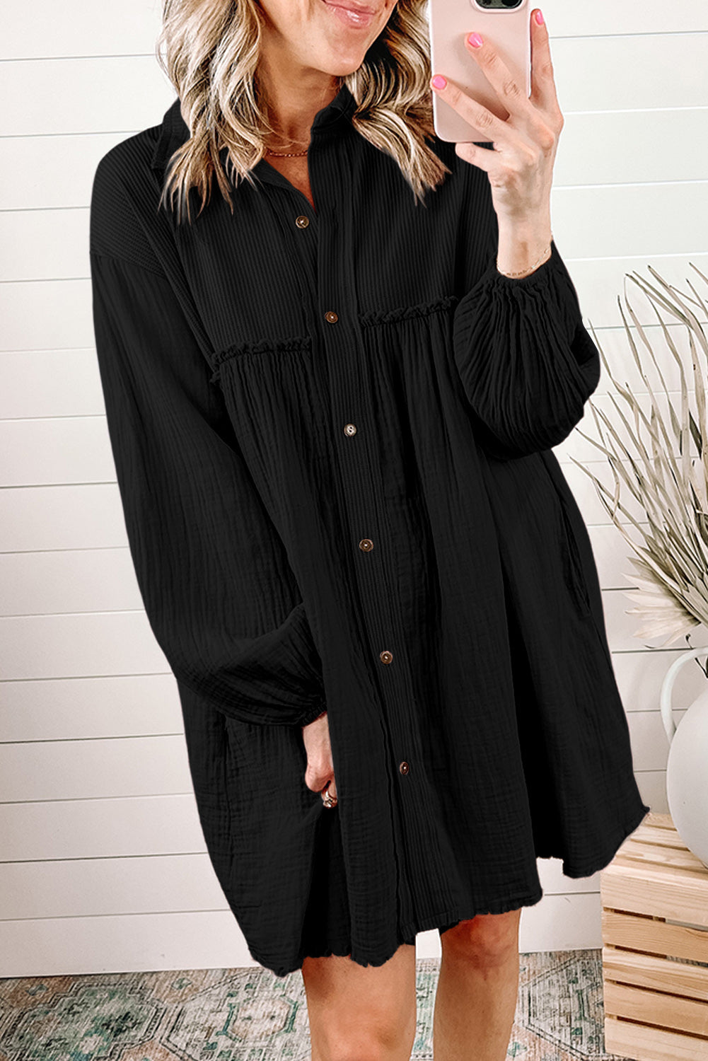 Black Patchwork Crinkle Puff Sleeve Shirt Dress - eAura