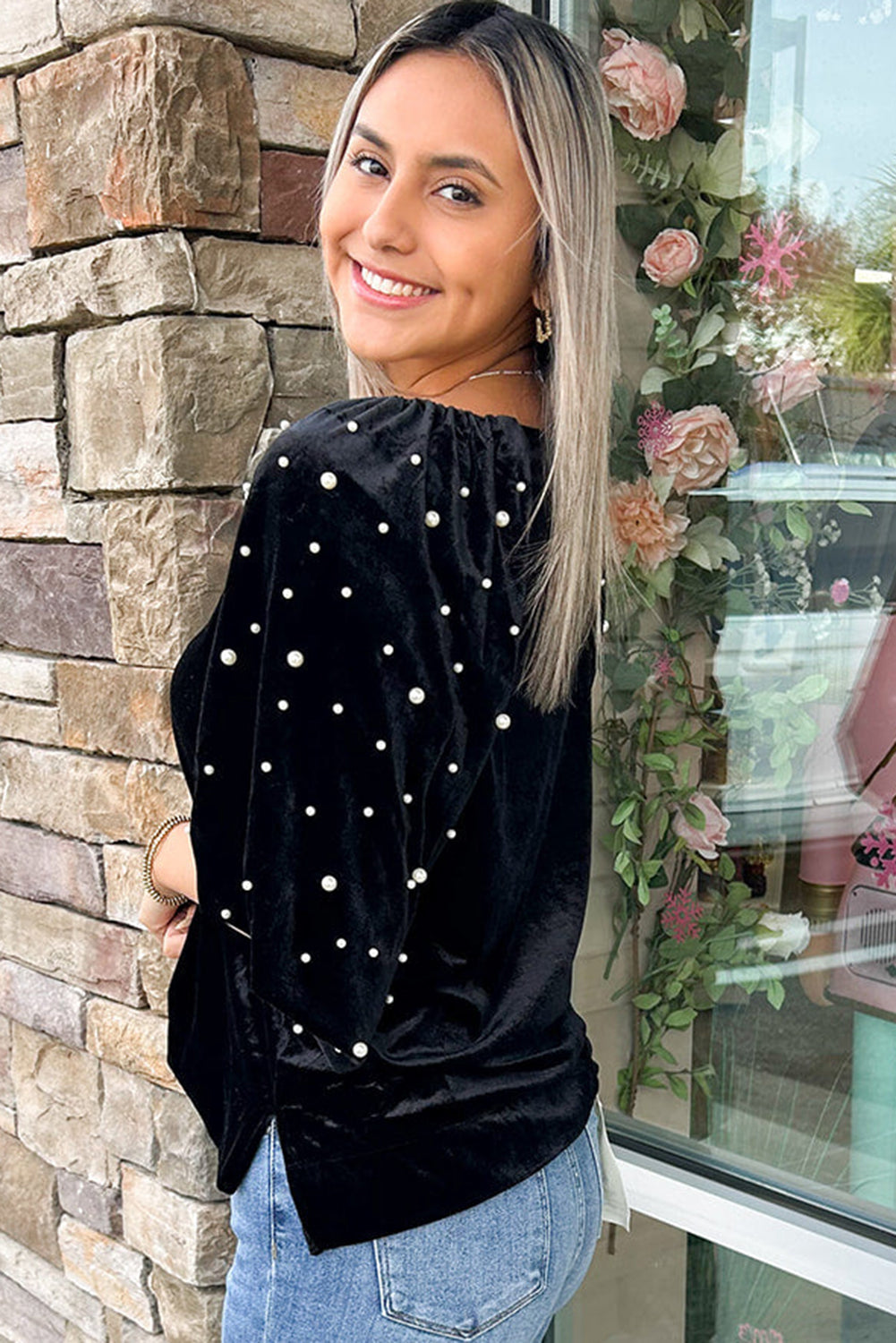 Black Pearl Beaded Half Sleeve Velvet Top - eAura