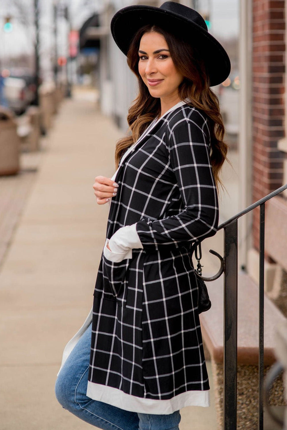 Black Plaid Colourblock Edge Open Cardigan with Pocket - Sweaters & Cardigans/Cardigans