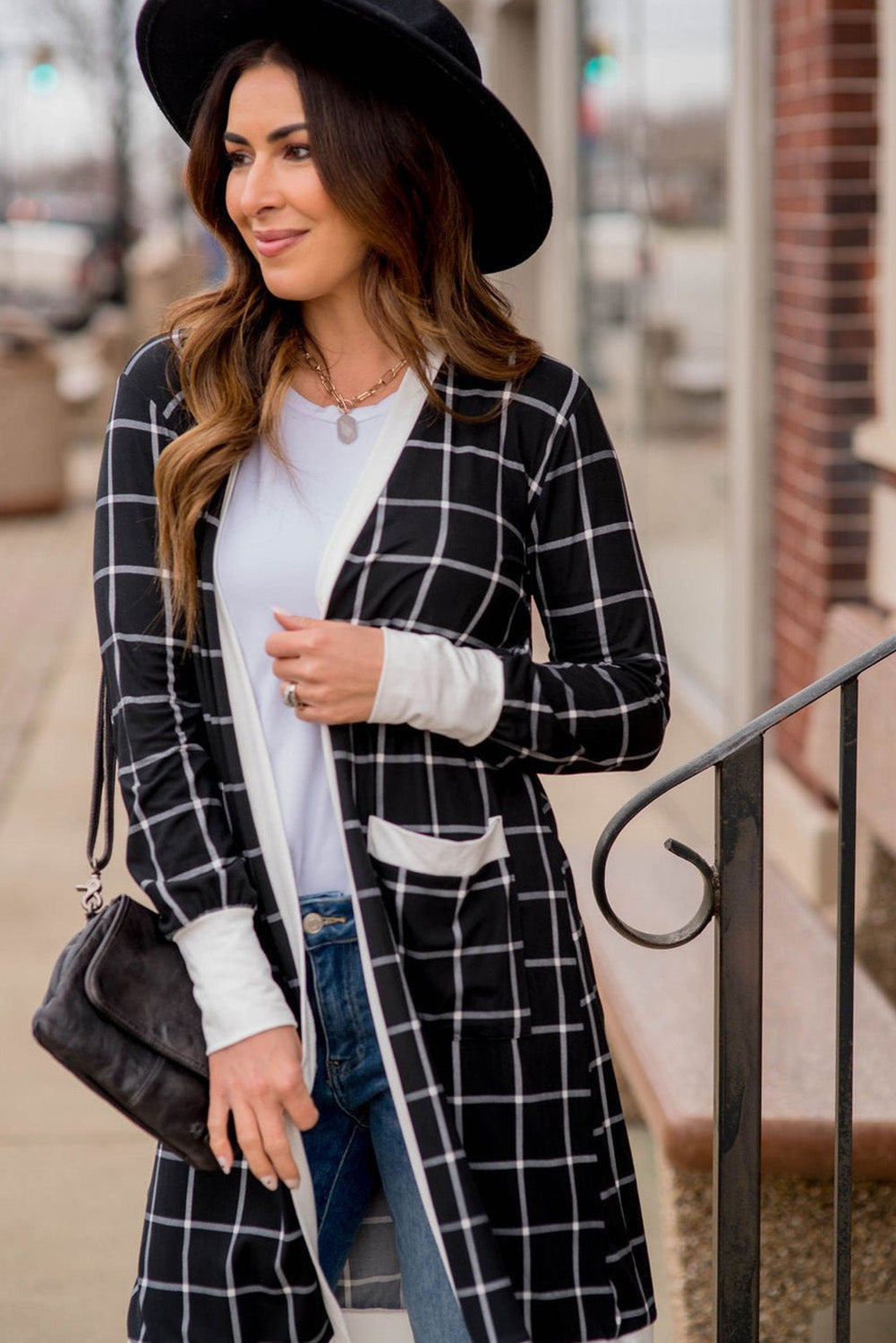 Black Plaid Colourblock Edge Open Cardigan with Pocket - Sweaters & Cardigans/Cardigans