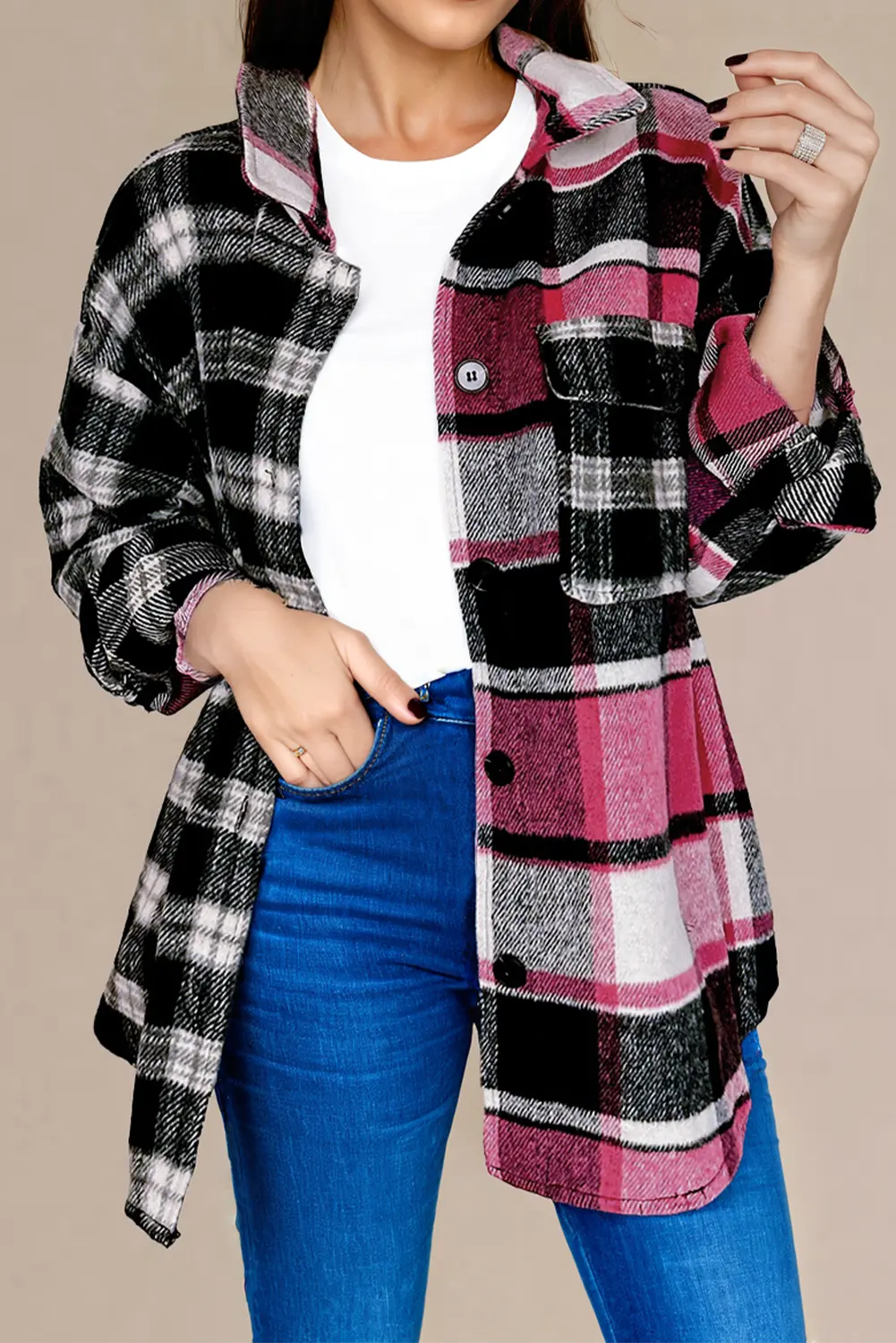 Black Plaid Colourblock Loose Shacket Beagle Boutique Fashion Outlet