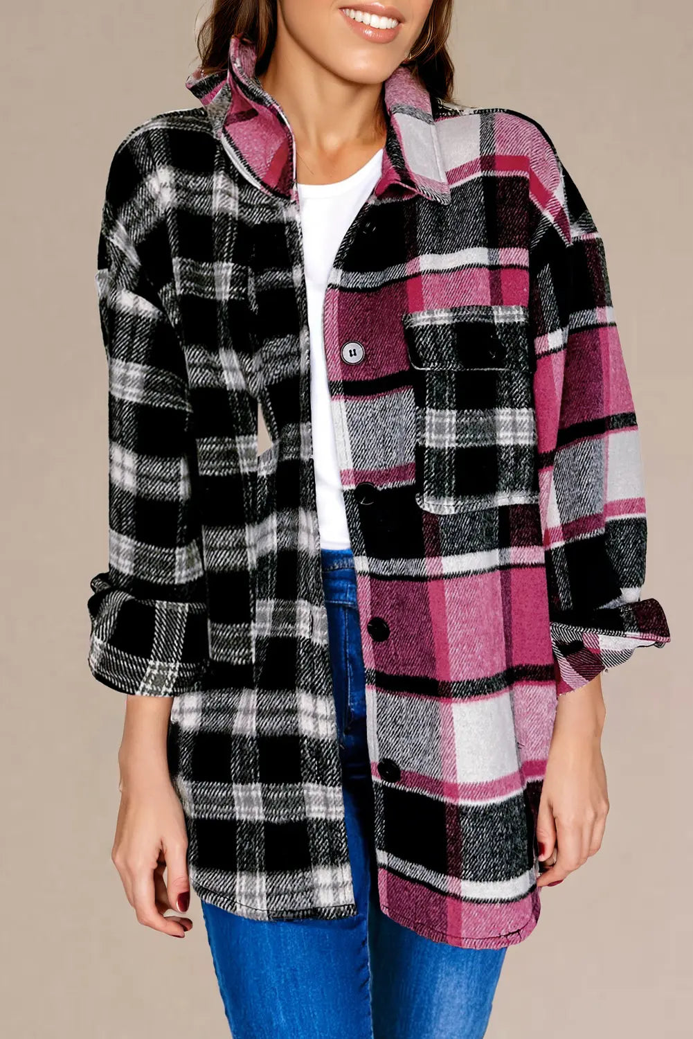Black Plaid Colourblock Loose Shacket Beagle Boutique Fashion Outlet