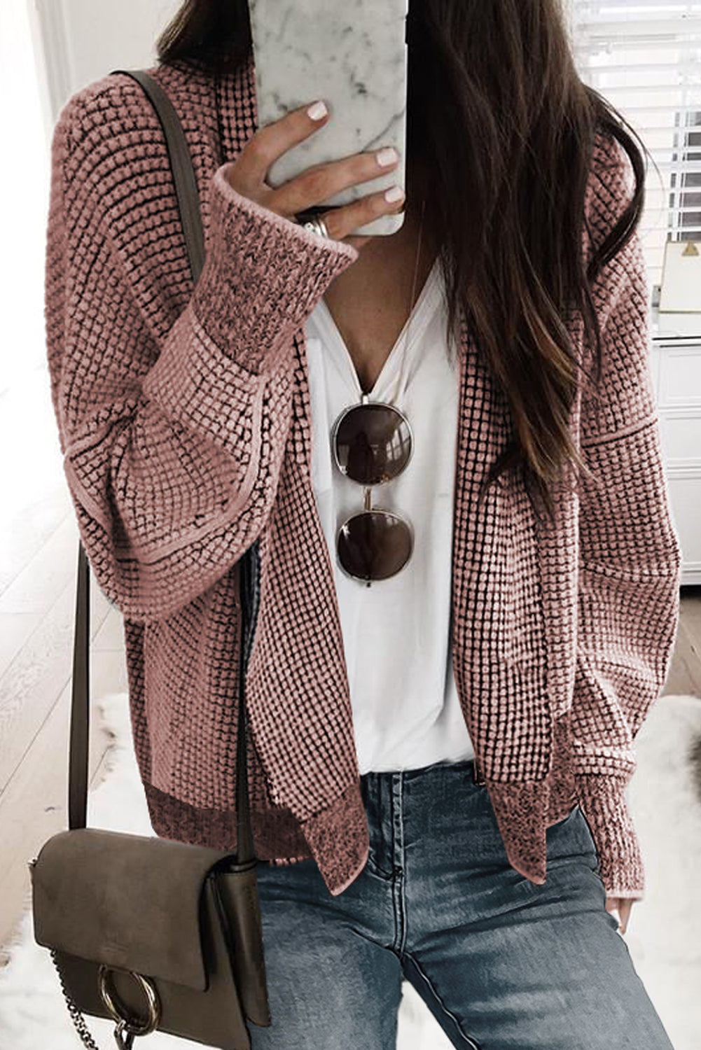Black Plaid Contrast Trim Open Front Cardigan - PEACH BLOSSOM / S / 65% ACRYLIC + 35% POLYESTER - Sweaters &