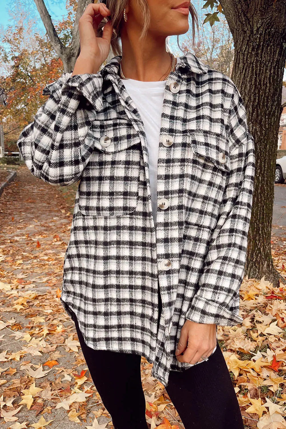 Black Plaid Print Chest Pockets Buttoned Tunic Shacket eAura