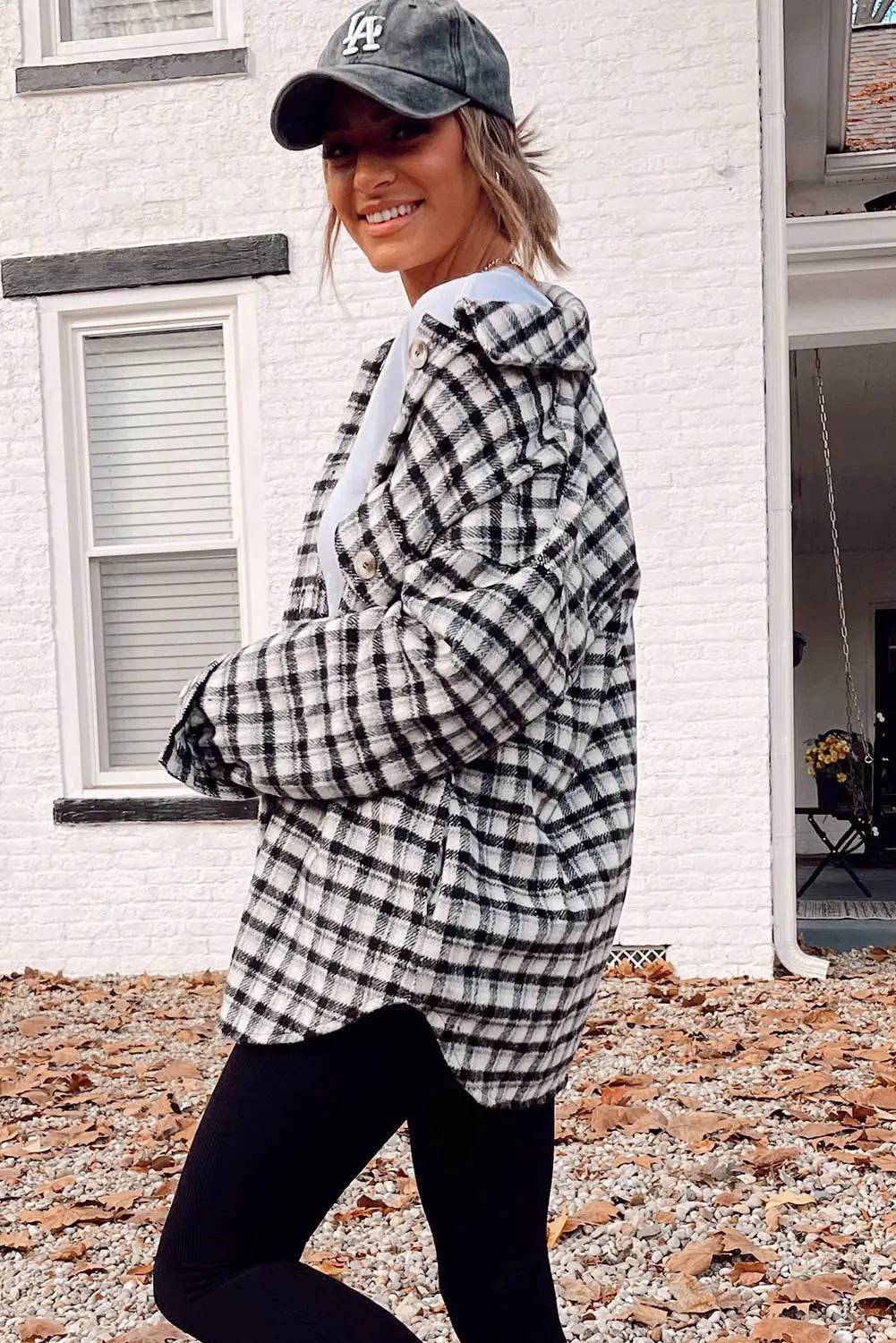 Black Plaid Print Chest Pockets Buttoned Tunic Shacket eAura