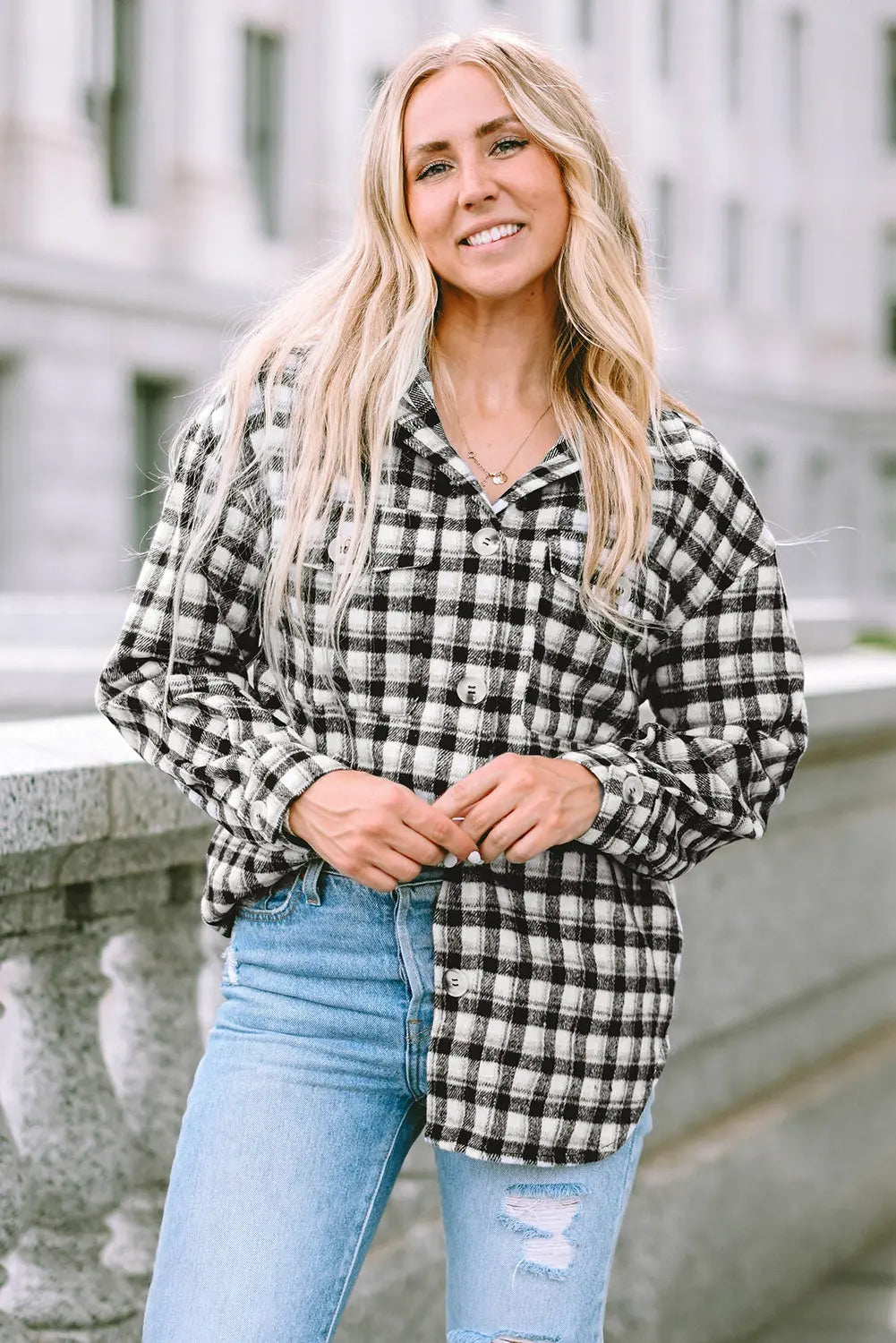 Black Plaid Print Chest Pockets Buttoned Tunic Shacket eAura