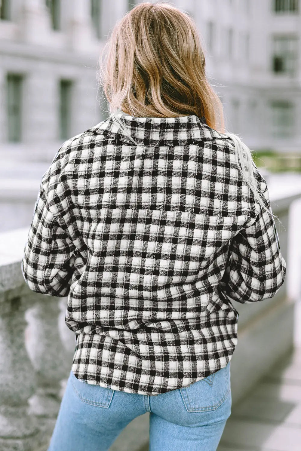 Black Plaid Print Chest Pockets Buttoned Tunic Shacket eAura