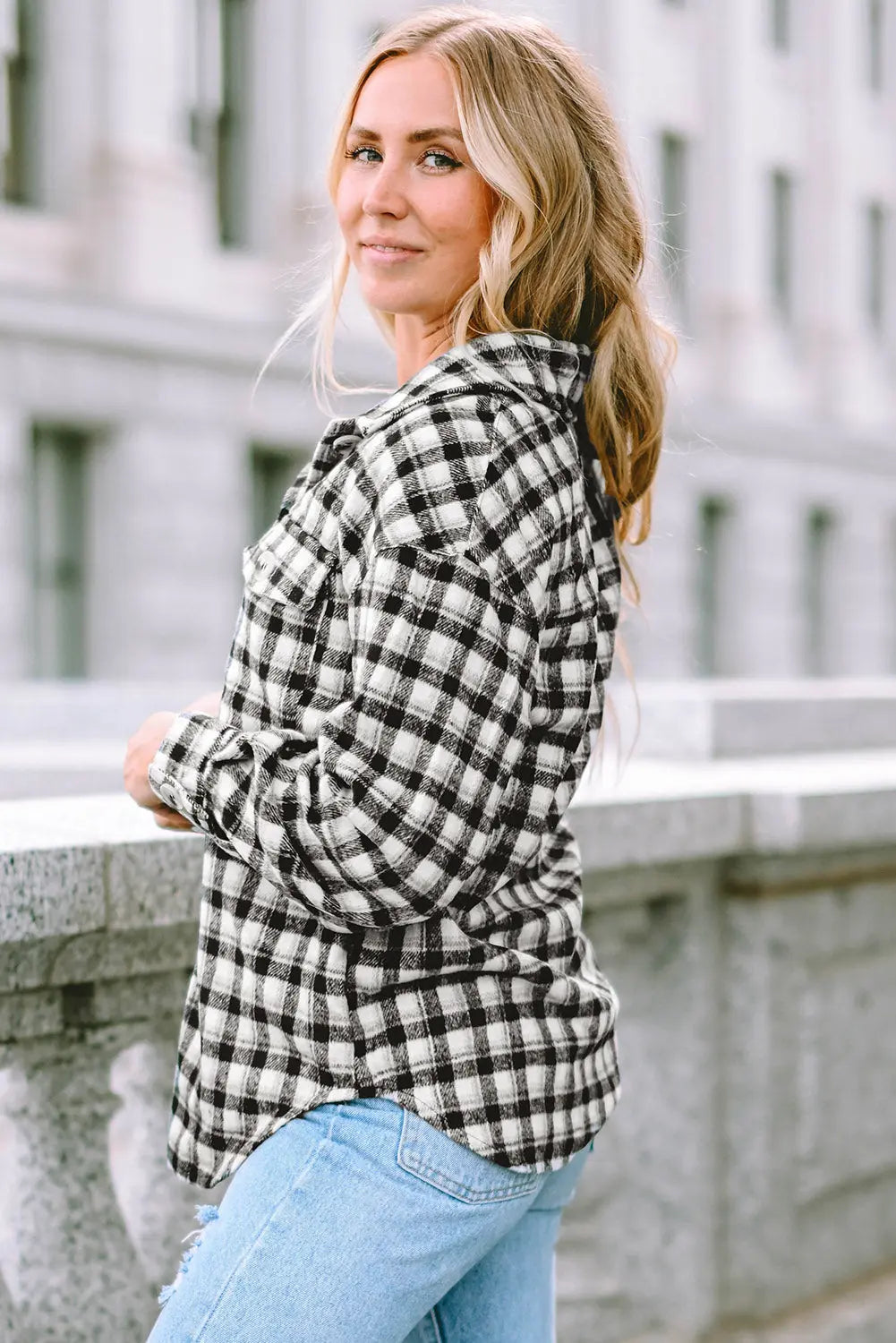 Black Plaid Print Chest Pockets Buttoned Tunic Shacket eAura