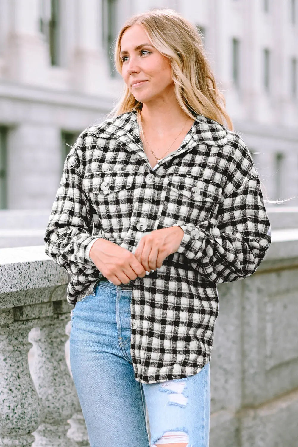 Black Plaid Print Chest Pockets Buttoned Tunic Shacket eAura