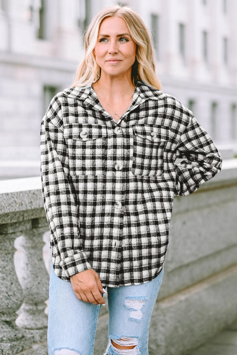 Black Plaid Print Chest Pockets Buttoned Tunic Shacket eAura