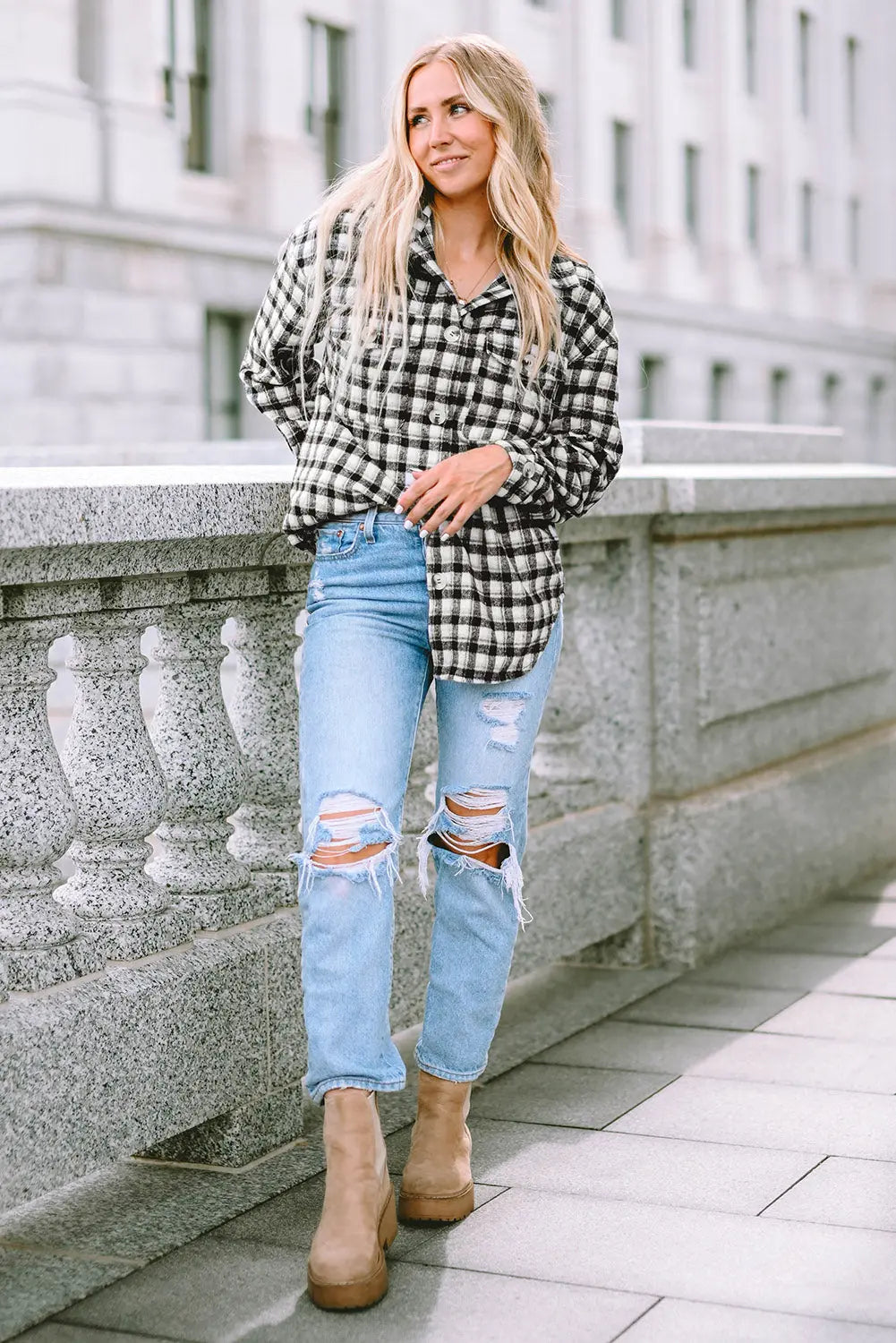 Black Plaid Print Chest Pockets Buttoned Tunic Shacket eAura