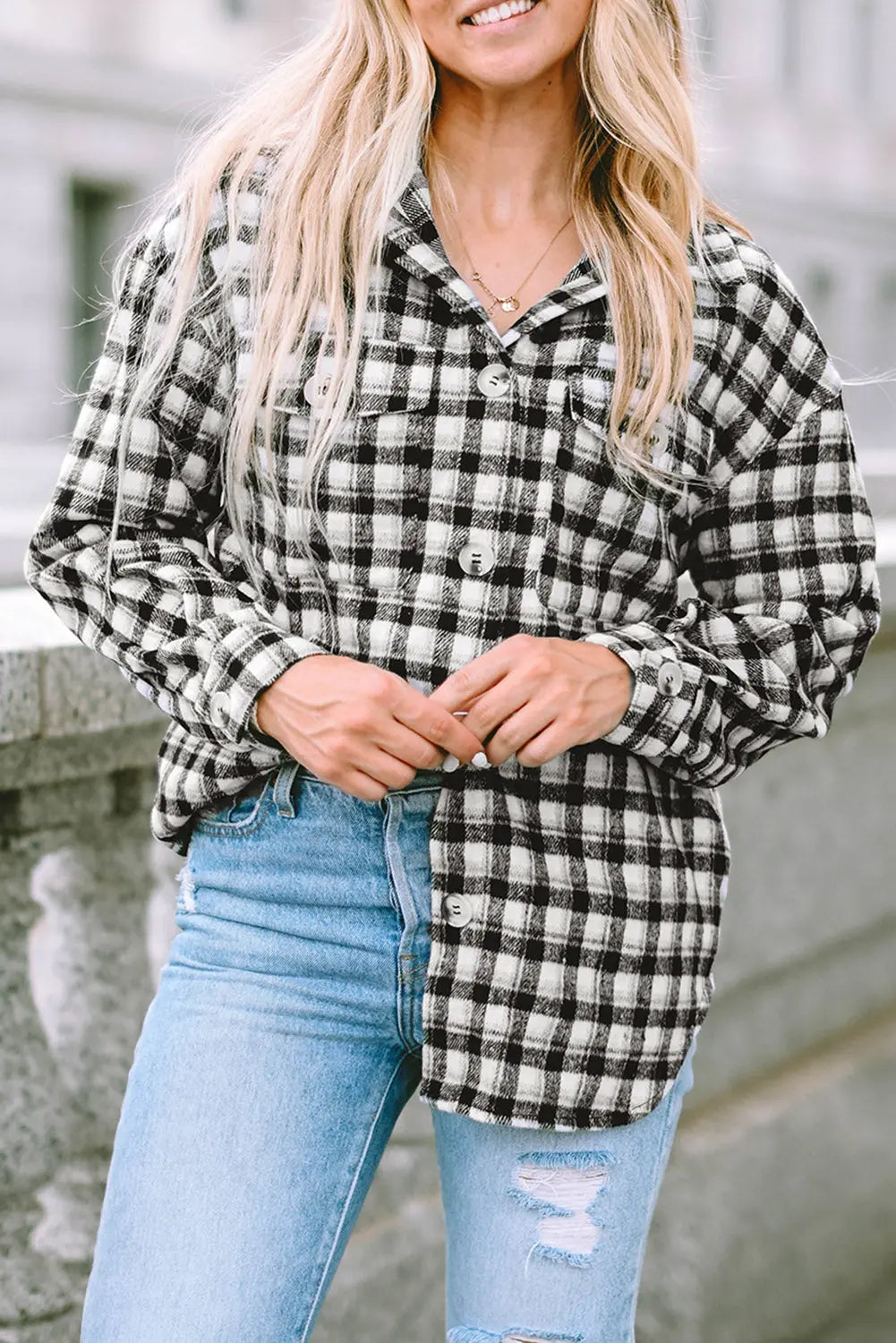 Black Plaid Print Chest Pockets Buttoned Tunic Shacket eAura