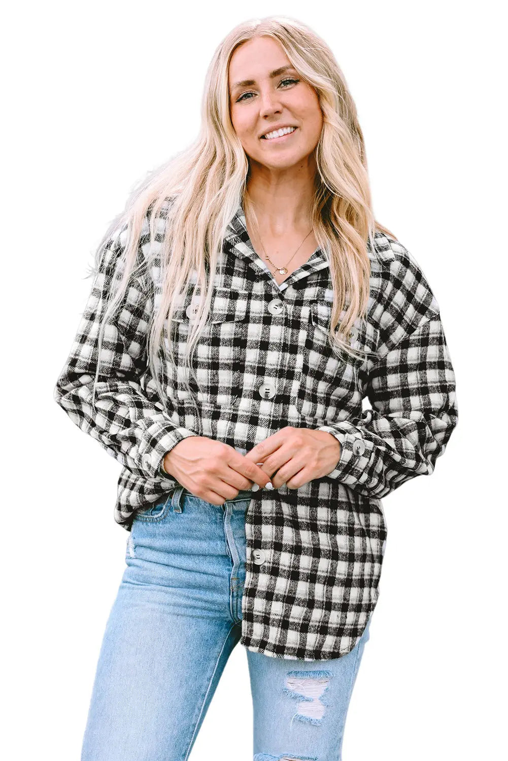 Black Plaid Print Chest Pockets Buttoned Tunic Shacket eAura