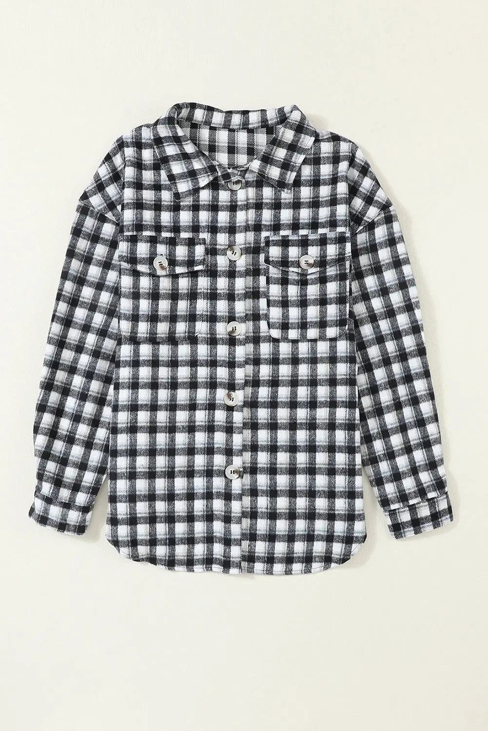 Black Plaid Print Chest Pockets Buttoned Tunic Shacket eAura