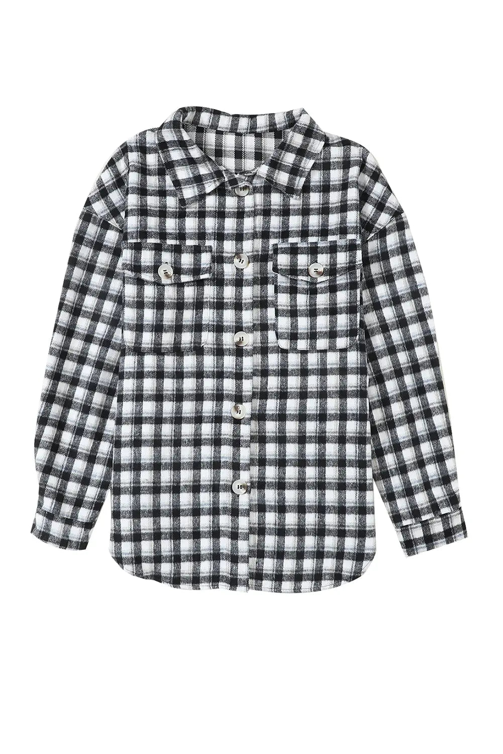 Black Plaid Print Chest Pockets Buttoned Tunic Shacket eAura